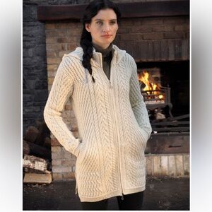 Merino hooded Aran sweater coat / tunic / sweater  - small